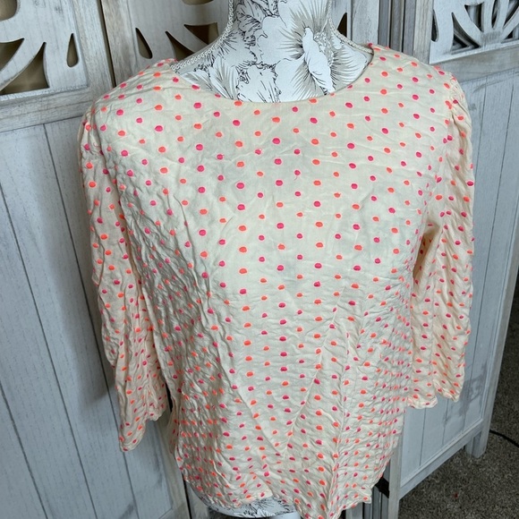 ISATO Anthropologie Cream Peasant Blouse Neon Pink Polka Dot Size Large - Picture 1 of 3